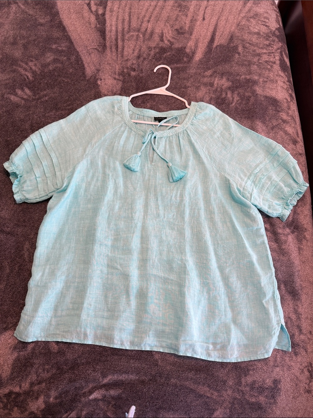 Talbots Light Aqua Tassel Tie Linen Top